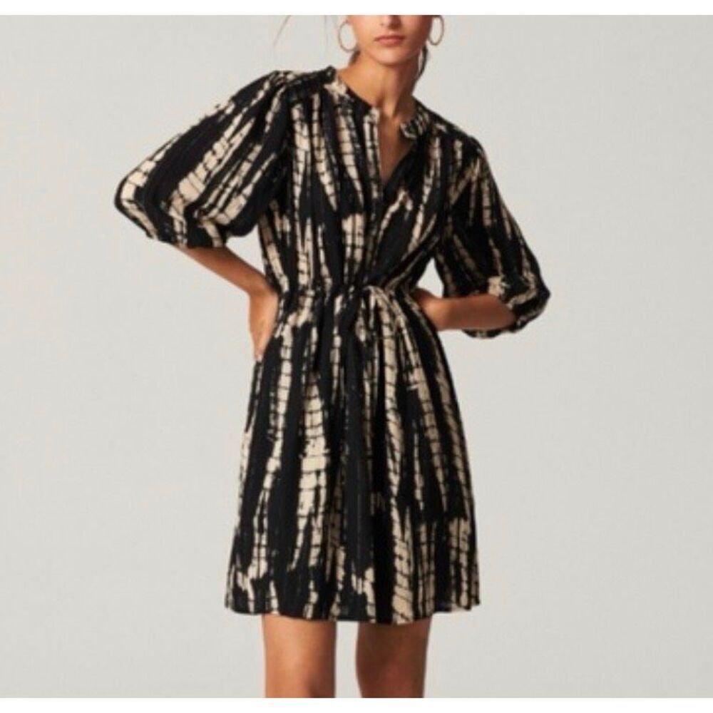 NWOT Ba&Sh Kenya Tie-Die Band Collar Noir Black Shirtdress Women's Large